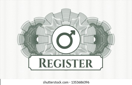 Green abstract linear rosette with male icon and Register text inside
