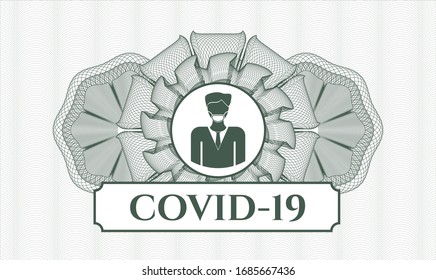 Green abstract linear rosette with man wearing face mask icon and COVID-19 text inside