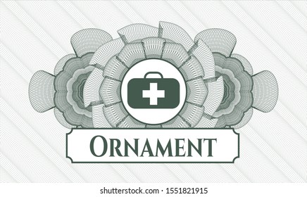 Green abstract linear rosette with medical briefcase icon and Ornament text inside