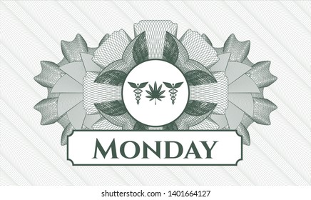 Green abstract linear rosette with medicinal weed icon and Monday text inside