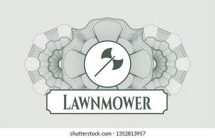Green abstract linear rosette with medieval axe icon and Lawnmower text inside