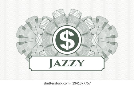 Green abstract linear rosette with money icon and Jazzy text inside