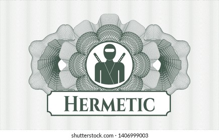 Green abstract linear rosette with ninja icon and Hermetic text inside