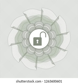 Green abstract linear rosette with open lock icon inside
