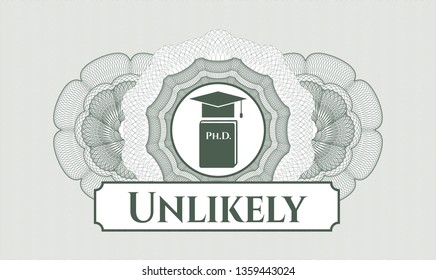Green abstract linear rosette with Phd thesis icon and Unlikely text inside
