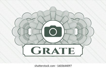 Green abstract linear rosette with photo camera icon and Grate text inside