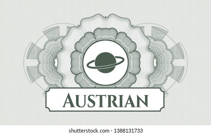 Green abstract linear rosette with planet, saturn icon and Austrian text inside
