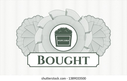 Green abstract linear rosette with popcorn icon and Bought text inside