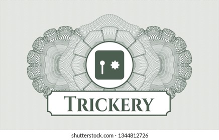 Green abstract linear rosette with safe, safety deposit box icon and Trickery text inside