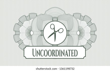 Green abstract linear rosette with scissors icon and Uncoordinated text inside