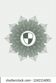 Green abstract linear rosette with shield, safety icon inside