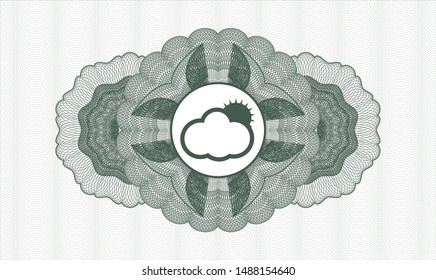 Green abstract linear rosette with sun behind cloud icon inside