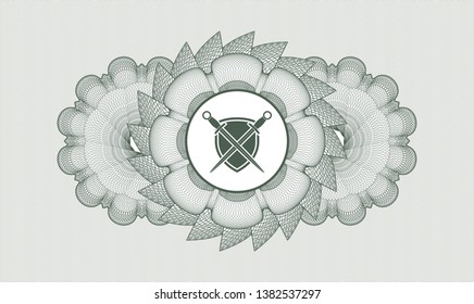 Green abstract linear rosette with swords crossed with shield icon inside