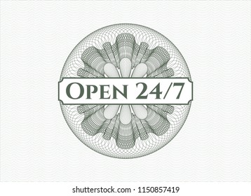 Green abstract linear rosette with text Open 24/7 inside