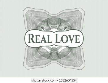 Green abstract linear rosette with text Real Love inside