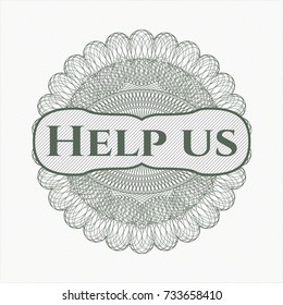 Green abstract linear rosette with text Help us inside