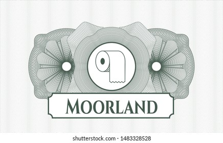 Green abstract linear rosette with toilet paper icon and Moorland text inside