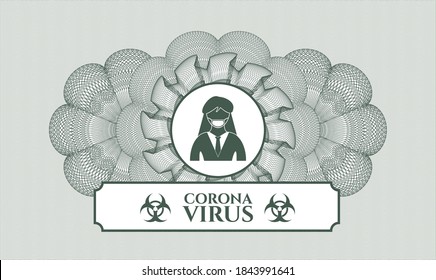 Green abstract linear rosette. Vector Illustration. Detailed with woman wearing face mask icon and Coronavirus text inside