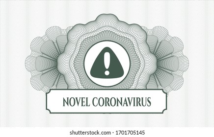 Green abstract linear rosette with warning icon and Novel Coronavirus text inside