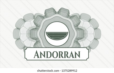 Green abstract linear rosette with watermelon icon and Andorran text inside