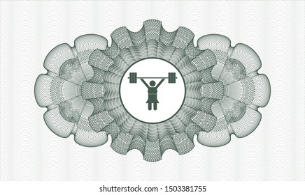 Green abstract linear rosette with weightlifter girl icon inside