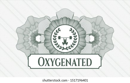 Green abstract linear rosette with weightlifting inside of crown icon and Oxygenated text inside