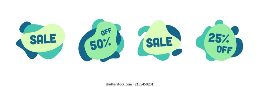 Green abstract liquid blob shapes. Set of modern graphic elements in vibrant green color. Fluid dynamical colored blotch forms, sale and discount banner.