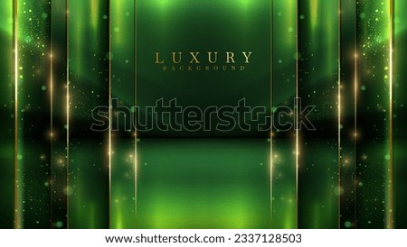 Green abstract luxury background with gold line decoration and light beam effect with bokeh elements. Stage scene empty for promote product or award ceremony.