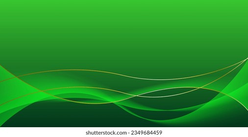 Green abstract luxury background with wavy and golden ribbon shiny lines. Modern graphic pattern banner template design. Vector illustration