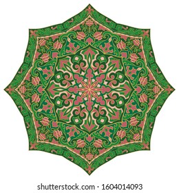 Green abstract mandala. Traditional gesign element. Oriental elegant ornament. Indian pattern. 