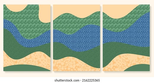 Green abstract map pattern vector illustration. Eco farm field background. Agriculture patchwork poster. Organic farmland card, motley landscape, countryside aerial view. Set of ecology postcard