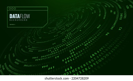 Green Abstract Matrix Vortex Technology Background. Binary Computer Code Dynamic Spiral. Programming, Coding, Hacker Concept. Binary Numbers Moving in Spiral. Vector Illustration. Sci-fi Background.