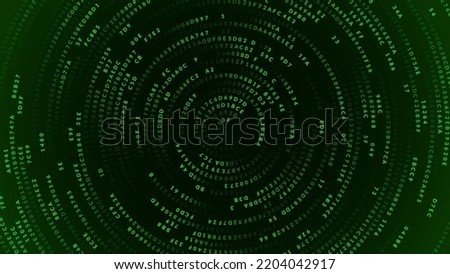 Green Abstract Matrix Vortex Technology Background. Binary Computer Code Dynamic Spiral. Programming, Coding, Hacker Concept. Binary Numbers Moving in Spiral. Vector Illustration. Sci-fi Background.