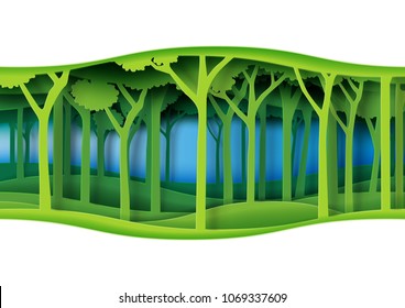 Green abstract nature forest with origami paper layer cut abstract nature background.Ecology and environment conservation concept design paper art style.Vector illustration.