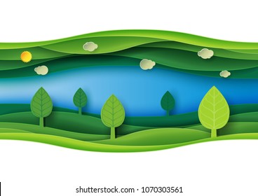 Green abstract nature landscape with origami paper layer cut abstract background.Ecology and environment conservation concept design paper art style.Vector illustration.