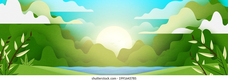 Green abstract nature landscape scenery banner background.Mountain green hills.Horizontal vector illustration.