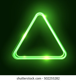 Green abstract neon triangle shape. Glowing vintage or futuristic frame. Simple electric symbol for advertisement or other design project. Vector illustration.