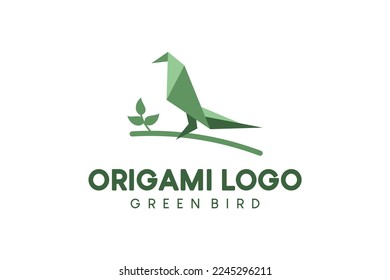 Green abstract origami bird logo design on a tree branch