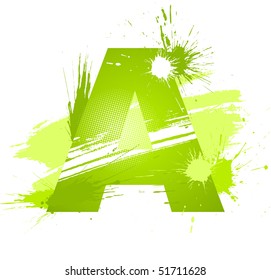 Green abstract paint splashes font. Letter A. Vector on white background.