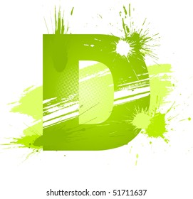Green abstract paint splashes font. Letter D. Vector on white background.