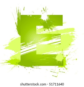 Green abstract paint splashes font. Letter E. Vector on white background.