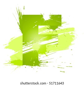 Green abstract paint splashes font. Letter F. Vector on white background.