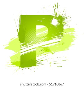 Green abstract paint splashes font. Letter P. Vector on white background.
