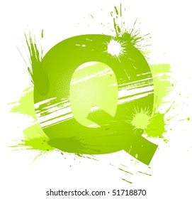 Green abstract paint splashes font. Letter Q. Vector on white background.
