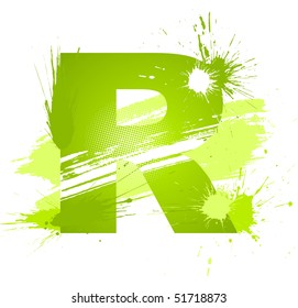Green abstract paint splashes font. Letter R. Vector on white background.