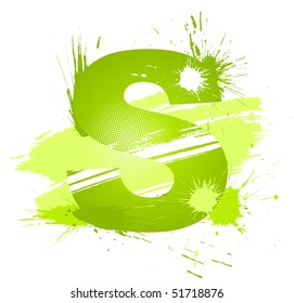 Green abstract paint splashes font. Letter S. Vector on white background.