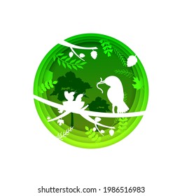 Resumen Verde Cortar Papel Elementos Diseño Vector Fondo Pájaro En La Rama Del Árbol Concepto Silueta Naturaleza Bosque Eco