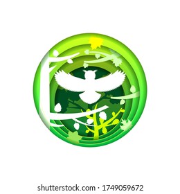 Green Abstract Paper Cut Tree Design Elements Vector Background Bird Silhouette Nature Forest Eco Owl