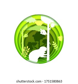 Green Abstract Paper Cut Tree Design Elements Vector Background Silhouette Nature Forest Eco Beaver