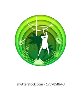 Green Abstract Paper Cut Tree Design Elements Vector Background Monkey Forest Fauna